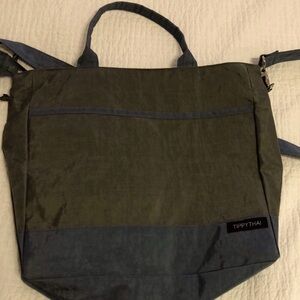 TippyThai gray & blue bag with double handles and shoulder strap.